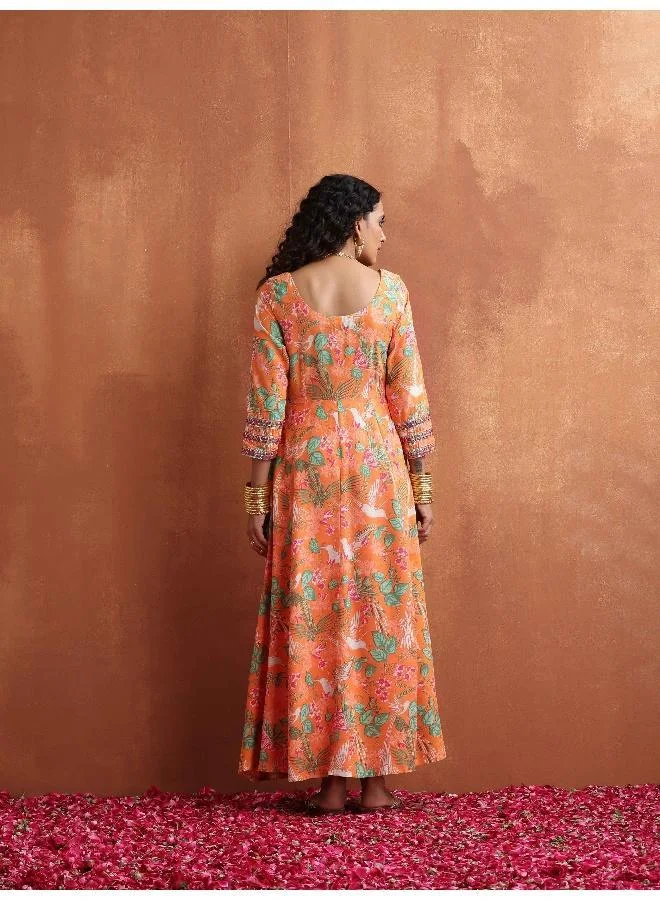 ترو برونز trueBrowns Orange Print Flared Anarkali Kurta Set
