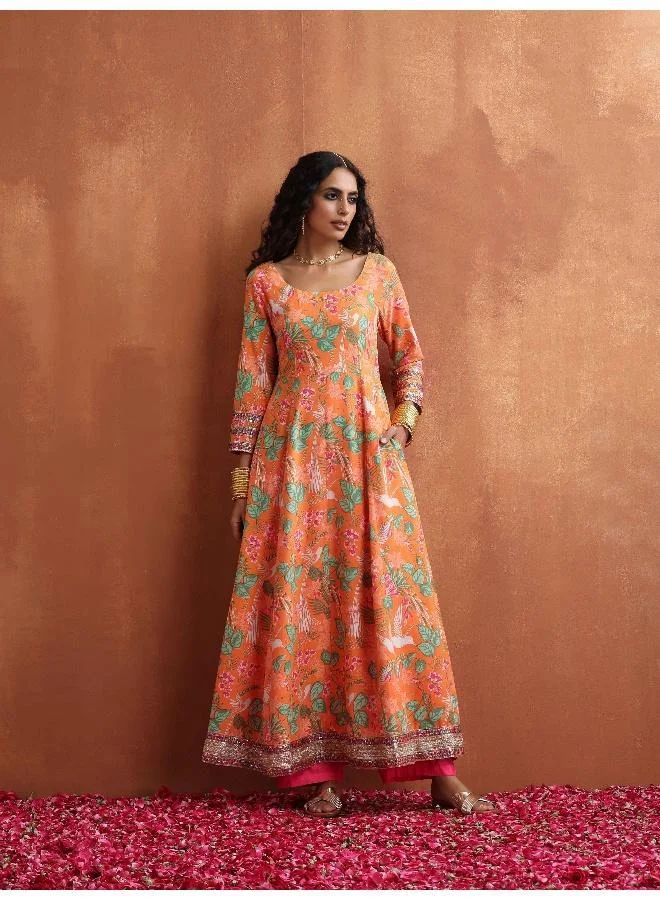 ترو برونز trueBrowns Orange Print Flared Anarkali Kurta Set