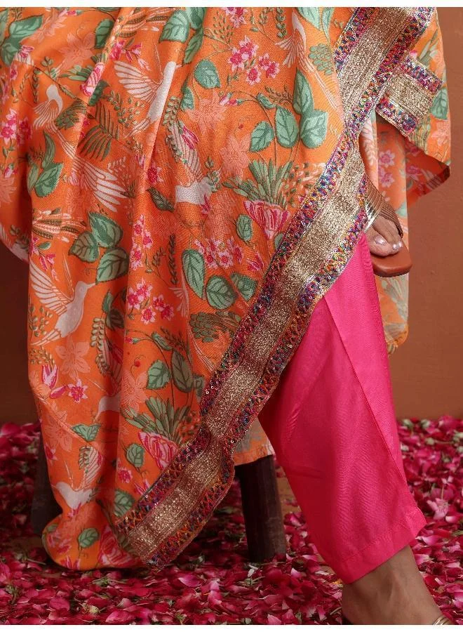 trueBrowns Orange Print Flared Anarkali Kurta Set