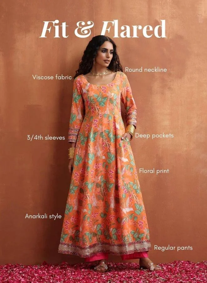trueBrowns Orange Print Flared Anarkali Kurta Set