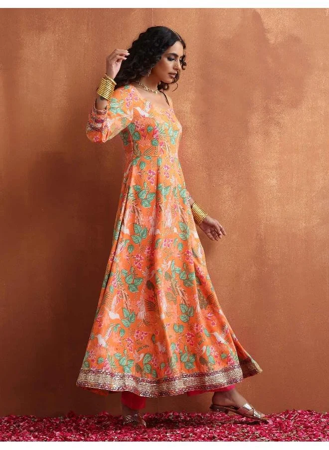 ترو برونز trueBrowns Orange Print Flared Anarkali Kurta Set