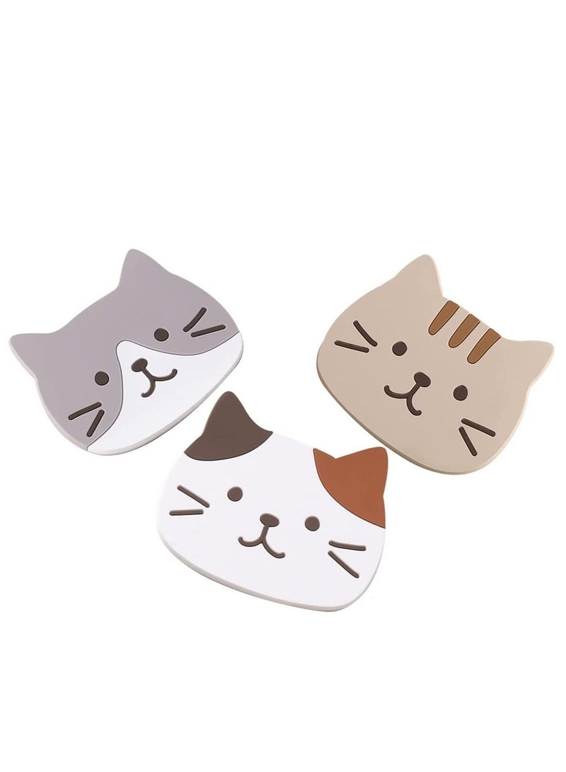 Kanza 3 Pieces Cute Cat Silicone Rubber Coaster Non Slip Cup Coasters Heat Resistant Cup Mate Soft Coaster for Tabletop Protection Furniture from Damage - Image 1