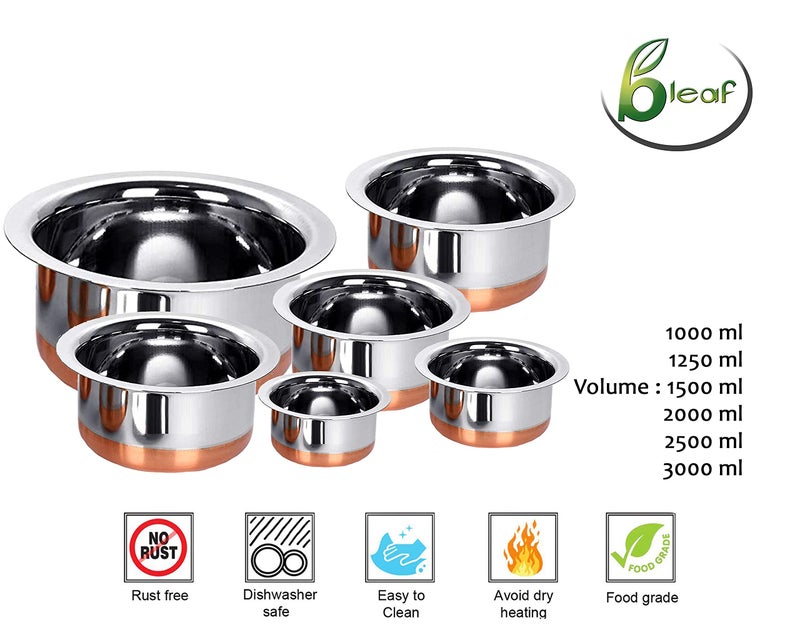 BLeaf Stainless Steel-Round Copper Bottom Tope/Heavy Guage Top (Pack of 6) (1L, 1.25L, 1.5L, 2L, 2.5L, 3L) - Image 4