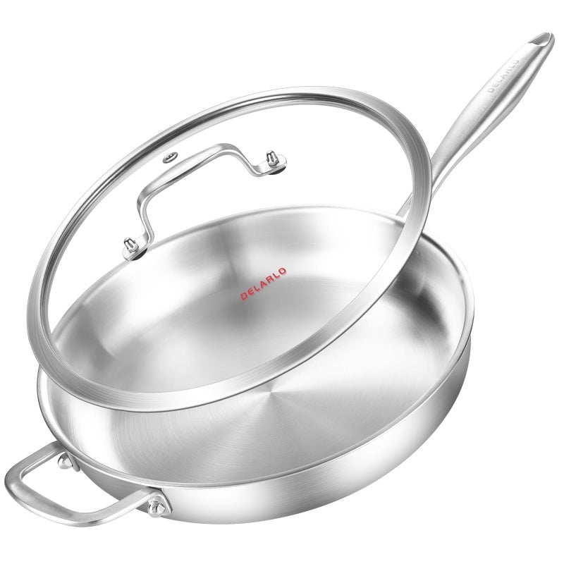 DELARLO TriPly Stainless Steel Pan with Lid 12inchCompatible with All Cooktops Up to 600Stainless Steel Skillet 12 inchHeavy DutyFrying Pan with Lid1810 Large Cooking Surface