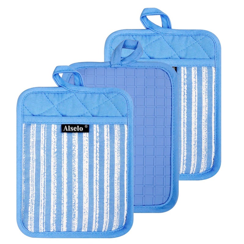 Alselo Silicone Pot Holders Set of 3 Heat Resistant  Non Slip Potholders Professional Oven Hot Pads with Pockets Mitts for Kitchen Cooking Baking Barbecue 3 Blue
