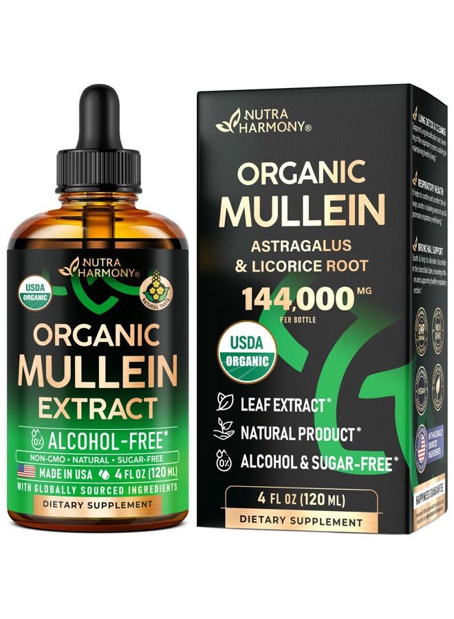 NUTRAHARMONY Mullein Drops for Lungs - USDA Organic Liquid - Mullein Leaf Extract Supplement - Made in USA - Lung & Bronchial Cleanse for Smokers - Respiratory Health Support - As Tincture, Tea, Pills - 4 fl oz - Image 1