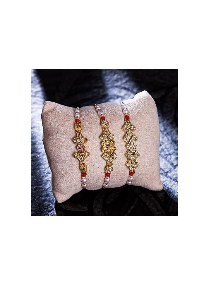 سوكهي مجموعة كوندان راخي العرقية من سوخي راخي ومصمم راخي فاخر مطلي بالذهب للأخ ورولي شوال وبطاقة تهنئة راخي لبهايا راخي للرجال | مجموعة كوندان راخي راخي المكونة من 3 قطع - Image 2