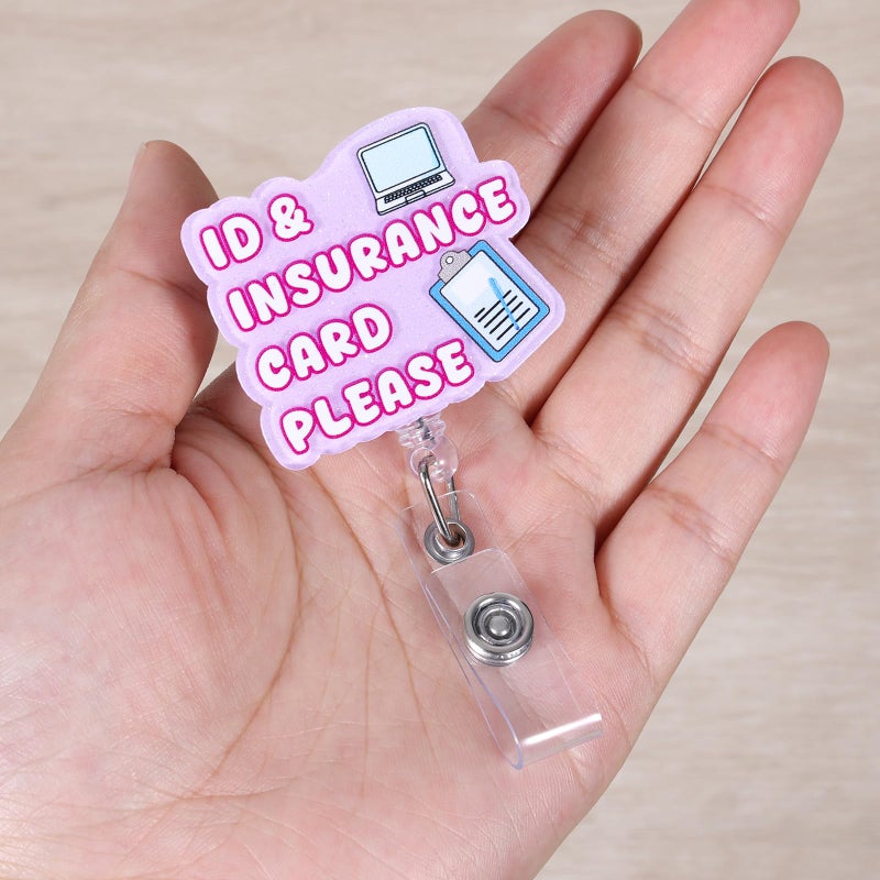 BEZTN ID & Insurance Card Please Badge Reel for Hospital Admins - Glitter Retractable ID Holder, Funny Registrar Accessory with Folder & Pen Design | Medical Secretary Gift, Admin Stocking Stuffer - Image 2