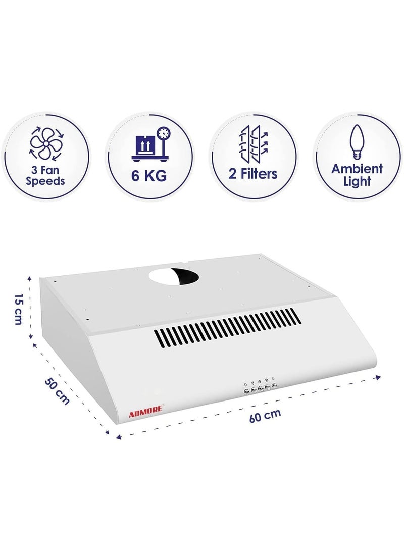Admore 60cm Kitchen Hood/Slim Cooker Hood (White) – Under Cabinet Range Hood, 3-Speed Fan, LED Lights, Carbon Filter, Convertible Ducted or Ductless Vent - Image 4