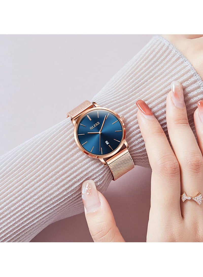 OLEVS Women's Watch Luxury Dress Rose Gold Women Slim Thin Lightweight Watch Stainless Steel Mesh Watches Fashion Waterproof Ladies Wrist Watch Black White Blue Face,Adjustable Bracelet - Image 2