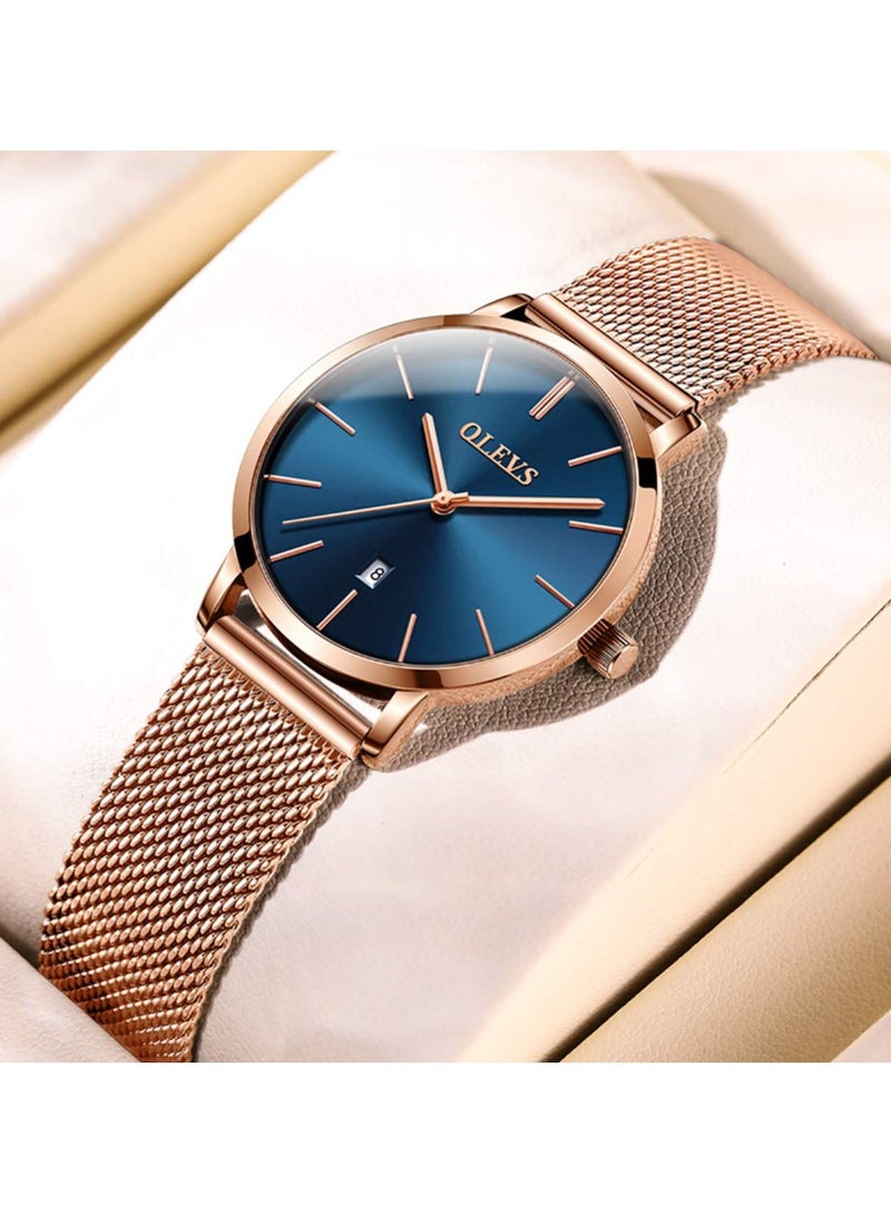 OLEVS Women's Watch Luxury Dress Rose Gold Women Slim Thin Lightweight Watch Stainless Steel Mesh Watches Fashion Waterproof Ladies Wrist Watch Black White Blue Face,Adjustable Bracelet - Image 3