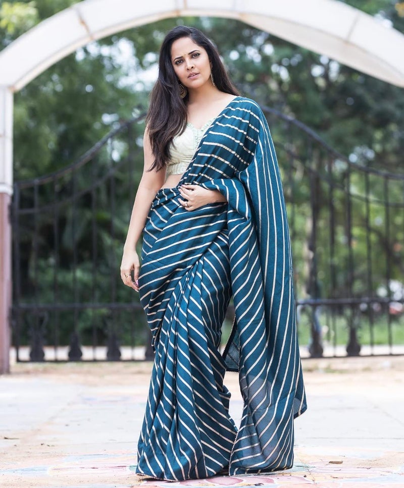 Sidhidata Textile Women's Dola Silk Foil Printed Striped Saree with Unstitched Blouse Piece - Image 2