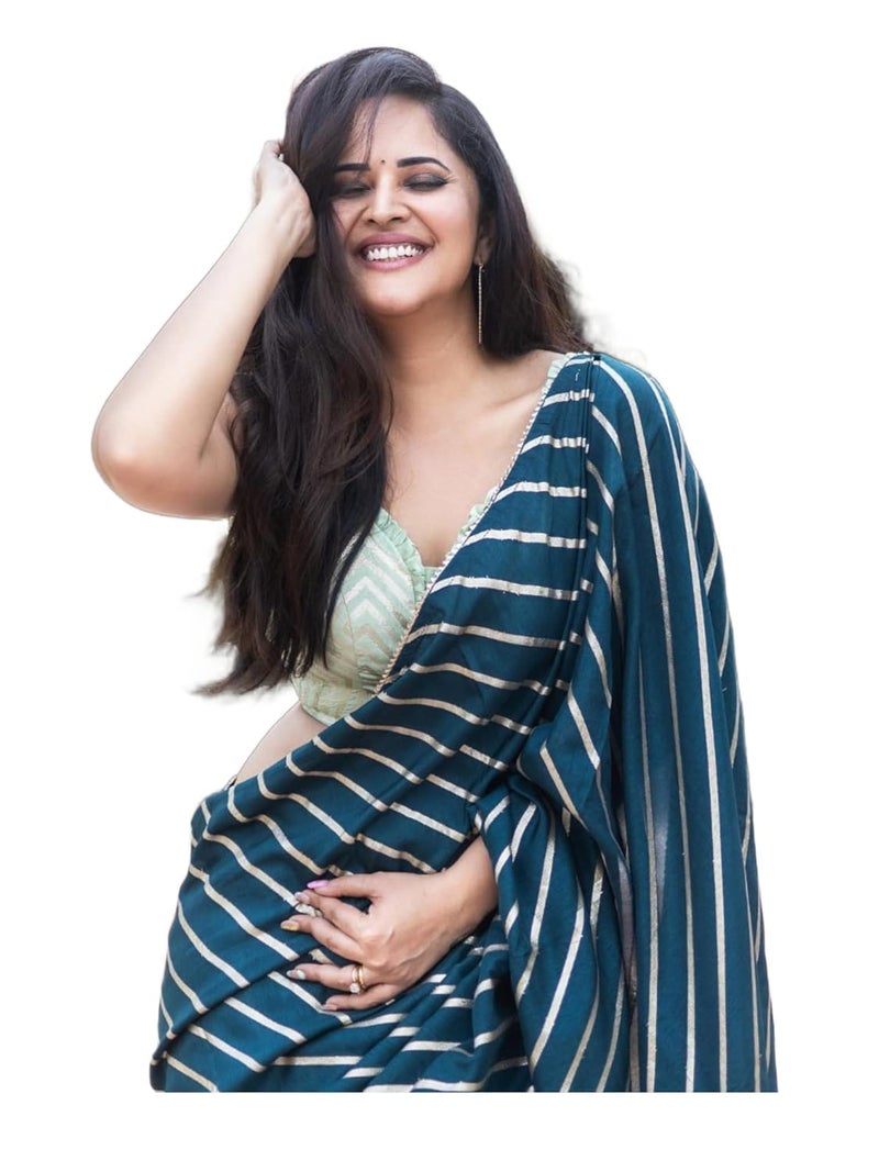 Sidhidata Textile Women's Dola Silk Foil Printed Striped Saree with Unstitched Blouse Piece - Image 1