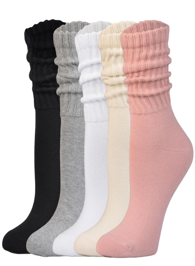 JORMATT 5 Pairs Slouchy Socks for Women Cotton Long Calf Boots Scrunch Slouch Crew Socks Thick Warm White Size 8-11 - Image 1
