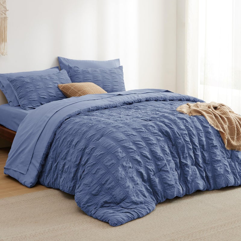 Bedsure Bed in a Bag Full 7 Pieces Plaid Seersucker Bedding Comforter Sets Soft Lightweight Mineral Blue Boho Bed Set with Comforters Full Size Sheets Pillowcases Shams