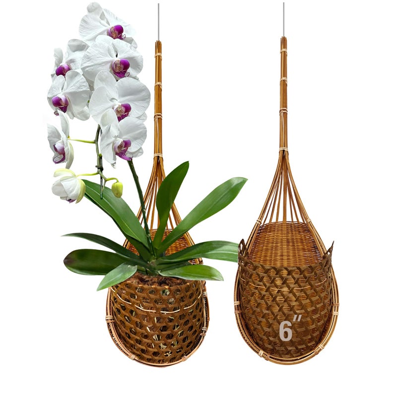 PANWA Handmade 100% Thai Bamboo Super Sanctuary Hanging Orchid Basket - 6 Inch Set of 2 - Image 1