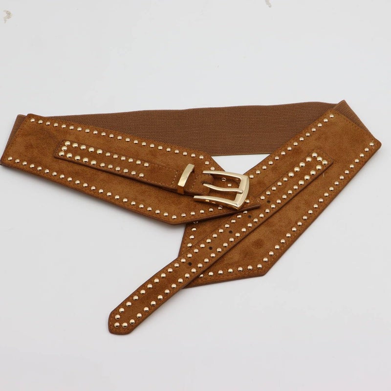 ZYALTFDC Western Studded Brown Belts for Women Dresses Vintage Cinch Retro Stretchy Belt Women Y2K Chunky Wide Waist Dress Belts Lady Girls Fashion Trendy Adjustable Waistband Accessories - Image 3