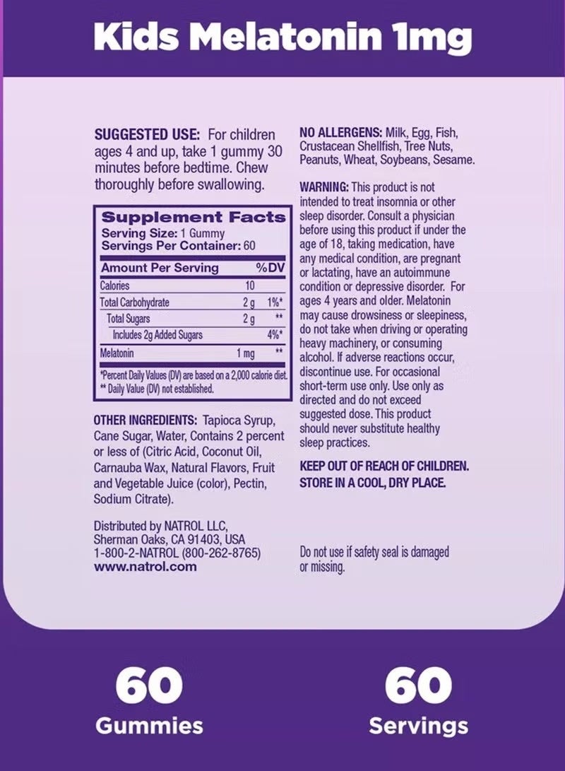 Natrolabs Natrol Kids Melatonin 1mg Gummies – Raspberry Flavor, 60 Count – Drug-Free Sleep Aid for Children, Non-GMO, No Artificial Flavors or Sweeteners, Vegetarian, Ages 4+ (Packaging may vary)  - Image 2