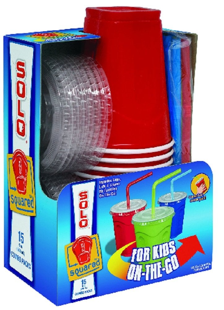 Solo 9 Oz Plastic Cup, Lid, & Straw Combo Pack, 15 Cups (Red)