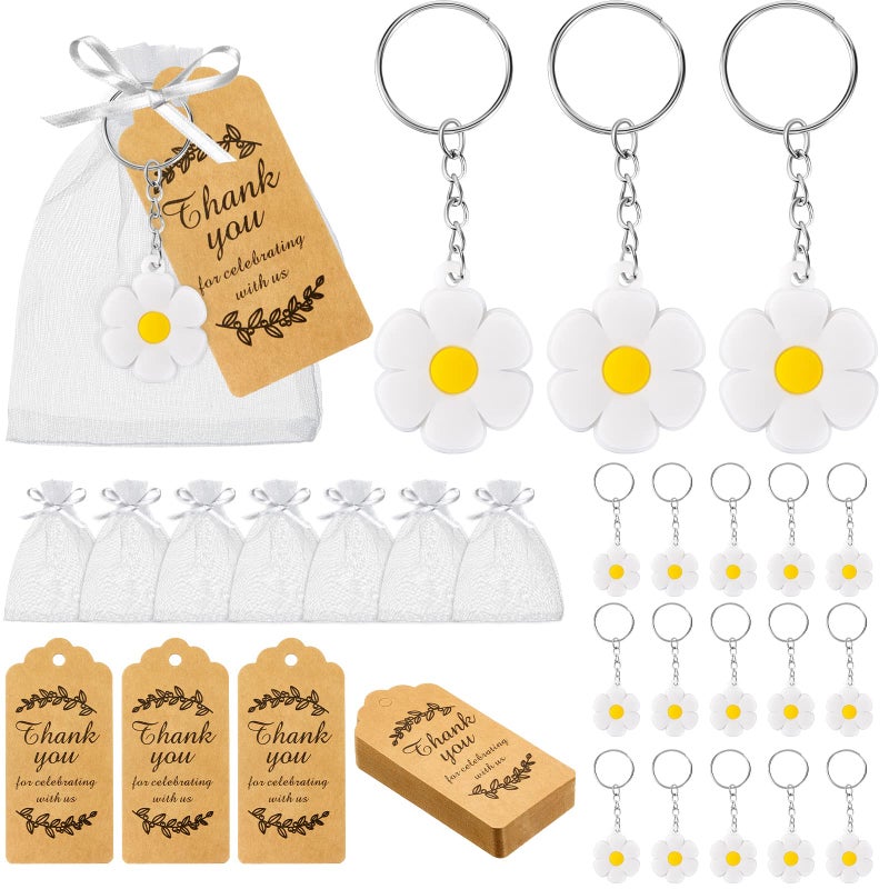 Kenning 24 Set Daisy Party Favors Daisy Keychain Organza Bags Thank You Tags in White Yellow Themed Party Supplies for Weddings Baby ShowersWhite - Image 2