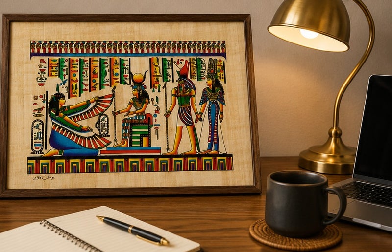 هاندرد بلس ورق بردي مصري طبيعي أصلي لوحة مقاس A3 كاملة مصنوع يدويًا في مصر من نبات البردي الحقيقي بتصميم مراسم إيزيس وحورس والزوجين الملكيين مطبوع للديكور والهدايا التذكارية - Image 2