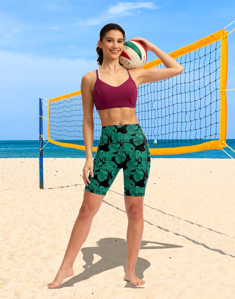 SANTINY Women's 8''/12'' High Waisted Swim Shorts with Pockets UPF50+ Long Board Swimming Shorts for Women with Liner (Leaf_L) - Image 3