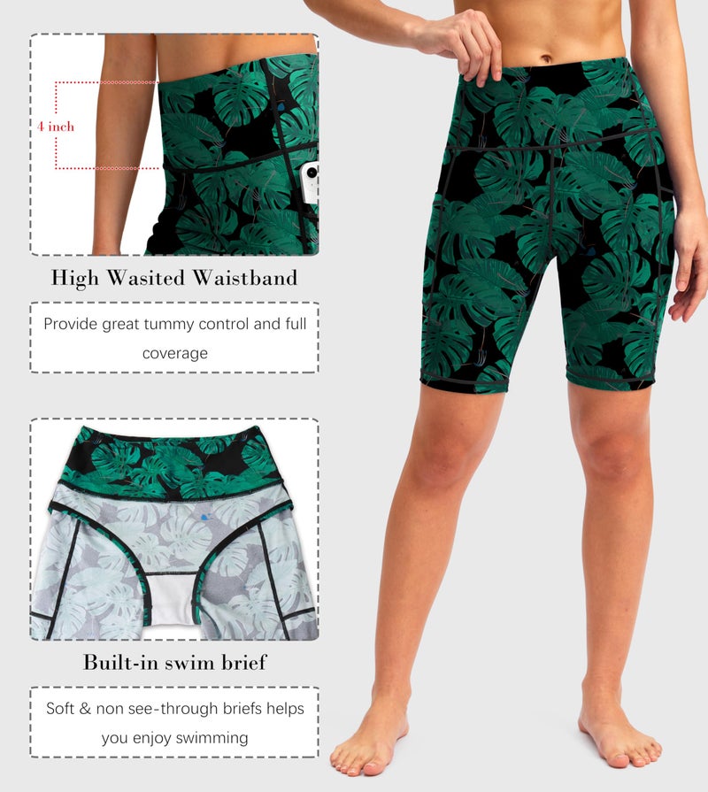 SANTINY Women's 8''/12'' High Waisted Swim Shorts with Pockets UPF50+ Long Board Swimming Shorts for Women with Liner (Leaf_L) - Image 5