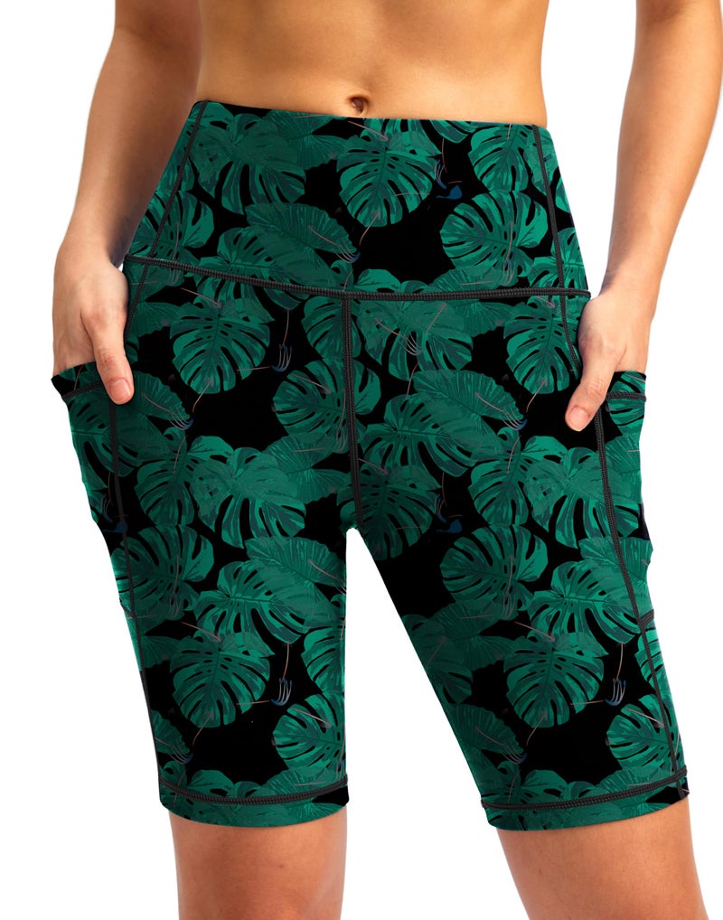 SANTINY Women's 8''/12'' High Waisted Swim Shorts with Pockets UPF50+ Long Board Swimming Shorts for Women with Liner (Leaf_L) - Image 1
