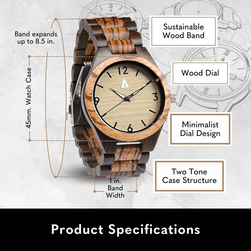 Treehut Wooden Watch for Men with Adjustable Band and Stainless Steel Clasp, Japanese Quartz Analog Watch with Wrist Wood Watch Made from Ebony and Zebrawood - Image 4