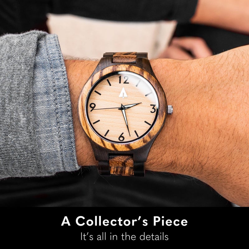 Treehut Wooden Watch for Men with Adjustable Band and Stainless Steel Clasp, Japanese Quartz Analog Watch with Wrist Wood Watch Made from Ebony and Zebrawood - Image 2
