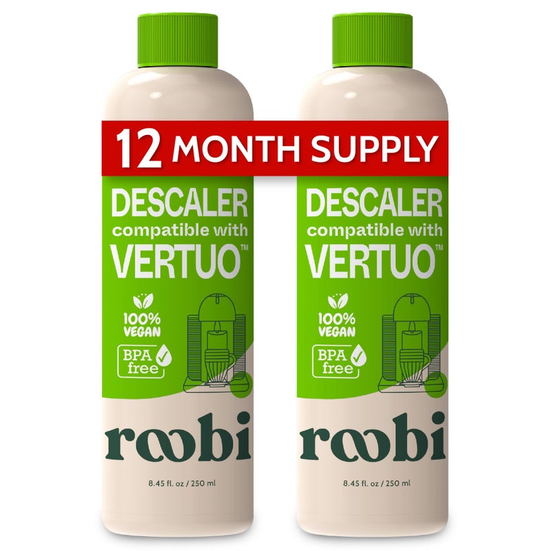 Roobi Nespresso Vertuo Compatible Descaling Solution. Eco-Friendly Formula to Clean & Descale Your Nespresso Vertuoline Machine. 2 Uses per Bottle, 2 Pack. Carbon Neutral Vertuo Descaling Kit. - Image 1
