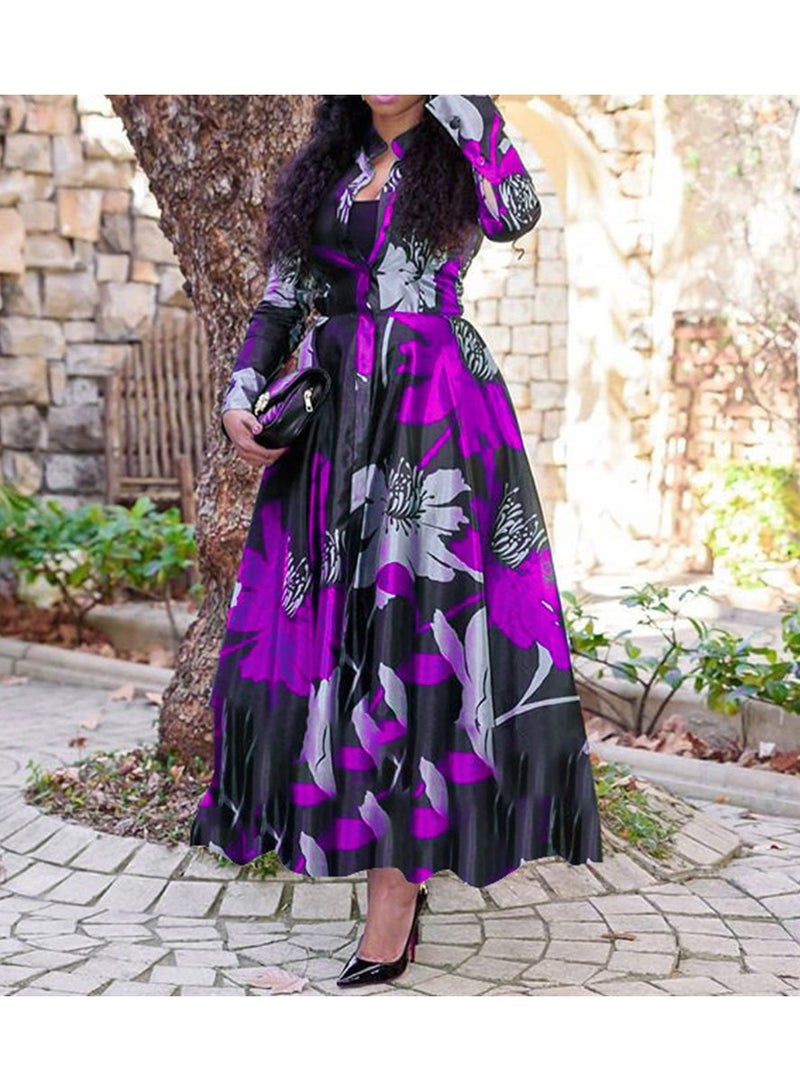 NIBEMINENT Retro Print Large Maxi Dress Women's Fashion Elegant Office Women's Long Dresses Spring Autumn Casual Long-sleeve Slim - Image 1