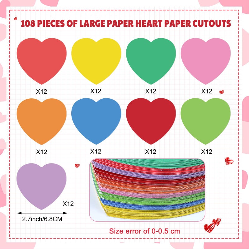 Geyee 108 Pcs Valentine Heart Cutouts Paper Bulletin Board Cutouts Assorted Color Shaped Die Cut for Classroom Decor Teachers DIY Craft School Decorations(2.7 Inch) - Image 3