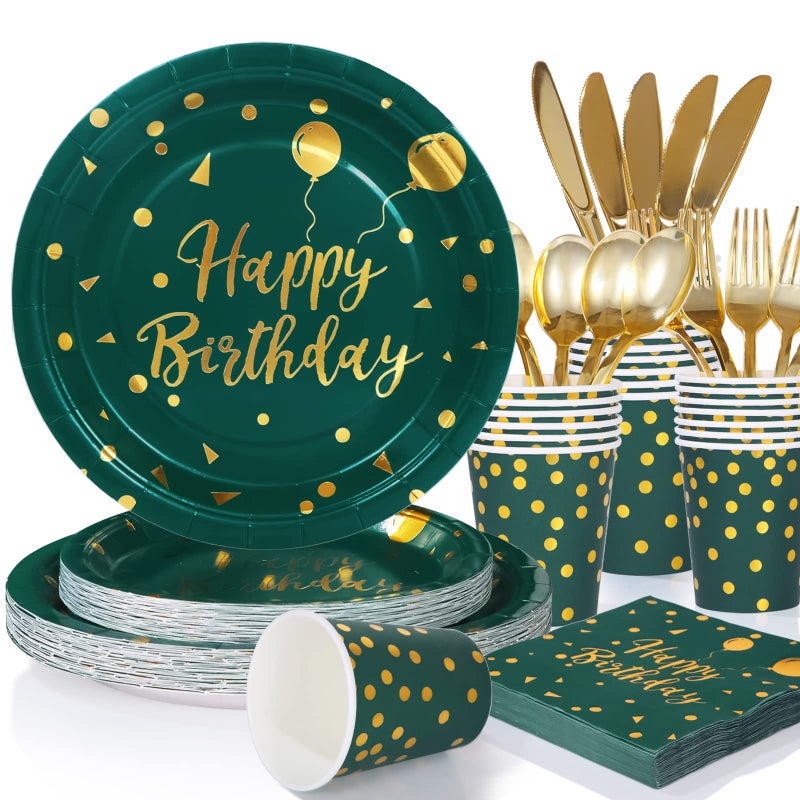 Cheery Land Green Birthday Decorations Serves 25  Party Plates and Napkins Supplies for Emerald Decor  175PCS