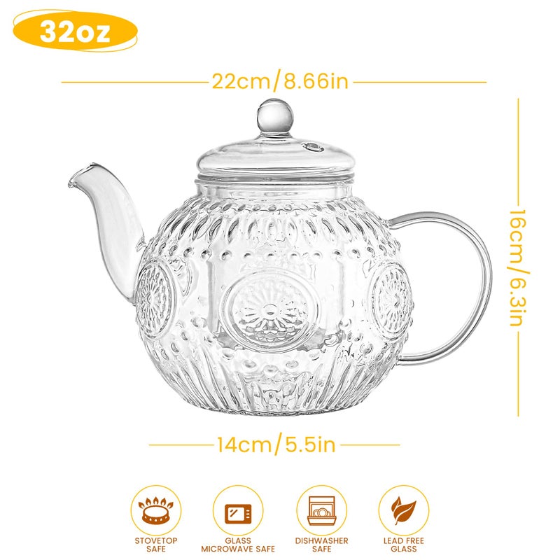Bandesun Vintage Glass Teapot, Tea Kettle with Removable Infuser 32OZ/1000ml, Borosilicate Glass Pot -Stovetop Safe, Blooming & Loose Leaf Tea Maker Set - Image 2