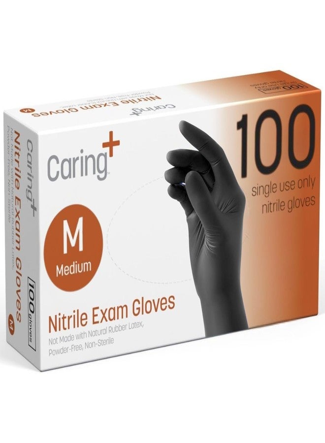 Caring Nitrile Exam Gloves (100ct), Powder Free and Not Made with Natural Rubber Latex, Gloves for Medical Use, Cleaning, Food Prep and More, Medium, Black - Image 1