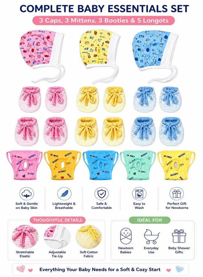 Epics Infant Clothing Set for Newborn Baby – Cotton Combo (3 Caps, 3 Mittens, 3 Booties & 5 Langots), Soft & Comfortable, 0–6 Months (Unisex) Multicolour - Image 3