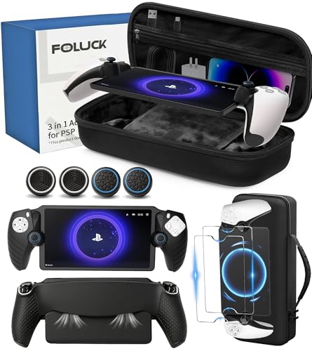 Foluck 4 in 1 Carrying Case for PlayStation Portal Remote Player Waterproof Hard Case for PS5 Portal with Soft Protective Cover Skin Case 2 Screen Protector 4 Thumb Grip Caps PS Portal Accessories - Image 1