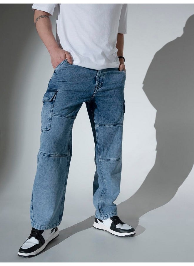 Hubberholme - Hubberholme Men's Loose Fit Cargo Jeans (Mid Blue, 36) - Image 1
