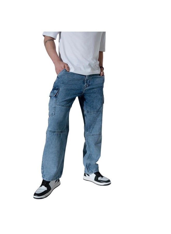 Hubberholme - Hubberholme Men's Loose Fit Cargo Jeans (Mid Blue, 36) - Image 1