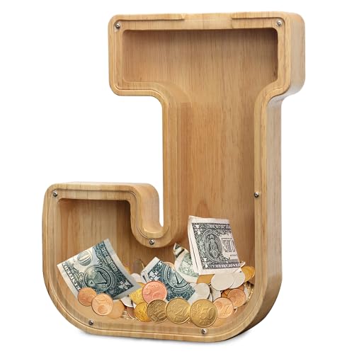 AORCMITN Extra Large Wooden Letter Coin Piggy Bank for Boys Girls Kids Toddler Alphabet J Money Bank InitialJ12 - Image 1