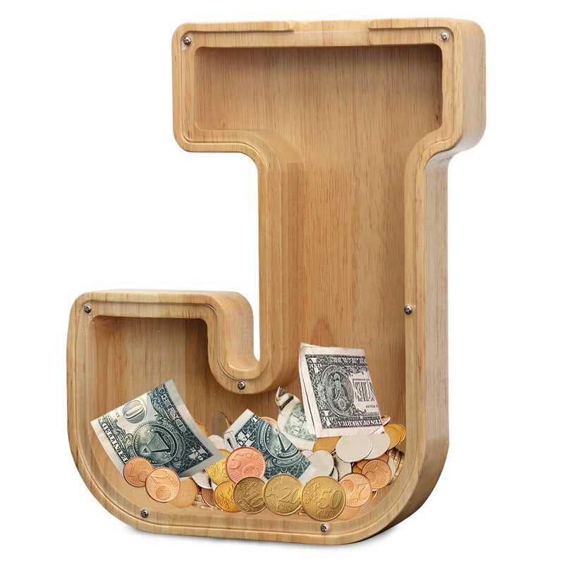 AORCMITN Extra Large Wooden Letter Coin Piggy Bank for Boys Girls Kids Toddler Alphabet J Money Bank InitialJ12 - Image 3