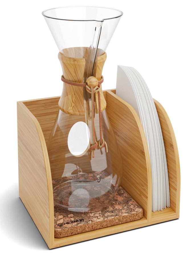 HEXNUB – Caddy for Pour Over Coffee Maker, Bamboo Stand fits Chemex, Bodum, Cosori Coffee Carafes, Heatproof Mat, Filter Holder for Drip Coffee Maker - Cork Mat - Image 1