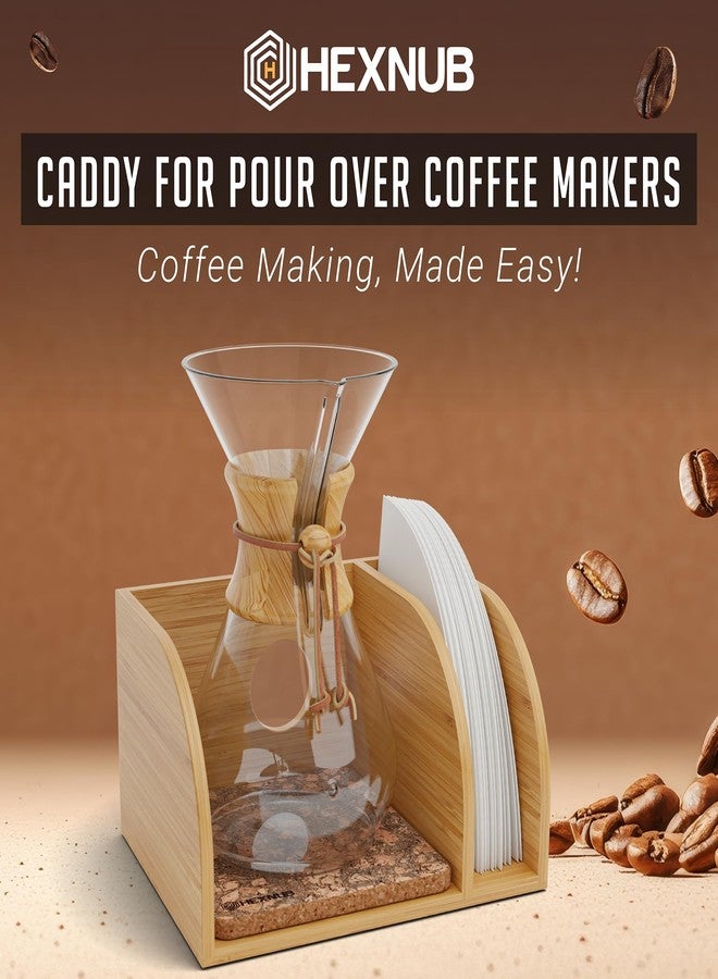 HEXNUB – Caddy for Pour Over Coffee Maker, Bamboo Stand fits Chemex, Bodum, Cosori Coffee Carafes, Heatproof Mat, Filter Holder for Drip Coffee Maker - Cork Mat - Image 2