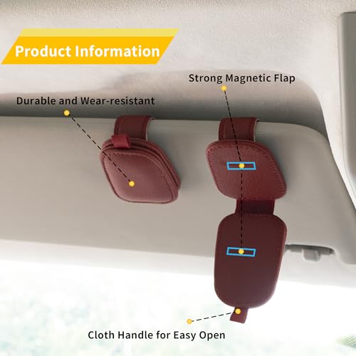 Yuoyar Sunglass Holder for Car, Magnetic Leather Sunglasses Holder and Ticket Card Clip, Car Visor Accessories, 2 Packs (Red) - Image 4