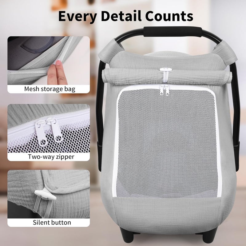 Rquite Car Seat Cover Baby Carseat Covers Girl Boy Breathable Muslin Cotton Large Mesh Window Infant Car Seat Canopy Baby Carrier Cover Stroller Sun Shade for Summer Hot Day Grey - Image 5