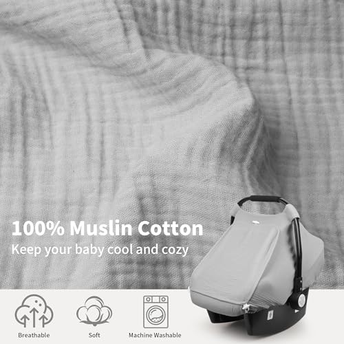 Rquite Car Seat Cover Baby Carseat Covers Girl Boy Breathable Muslin Cotton Large Mesh Window Infant Car Seat Canopy Baby Carrier Cover Stroller Sun Shade for Summer Hot Day Grey - Image 3