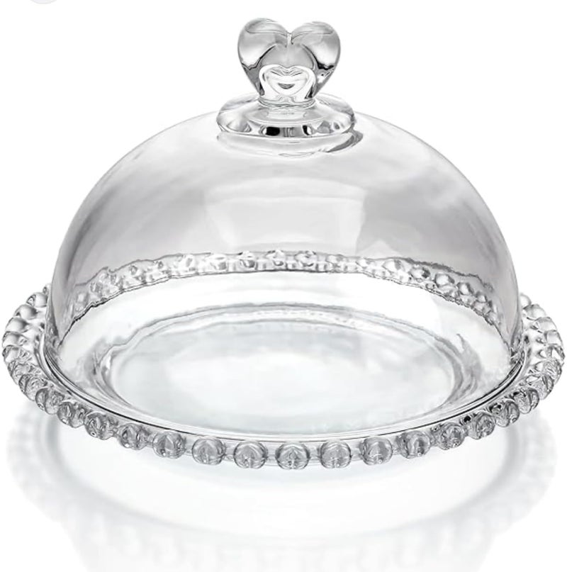 Downtown Clear Glass Cake Stand with Dome Cover, Heart-Shaped Handle and Beaded Edge Design for Dessert Display, Elegant Serving Platter for Cakes, Pastries and Muffins for Parties