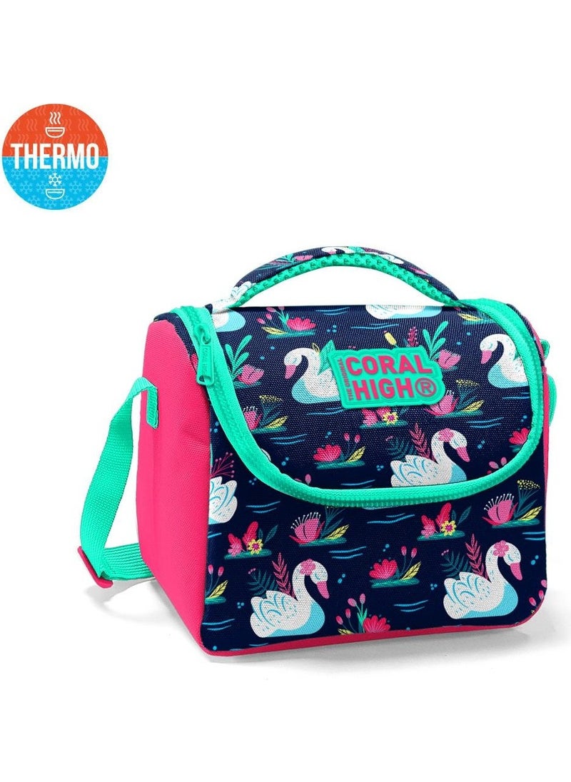 CORAL HIGH Kids Neon Coral Navy Blue Swan Patterned Thermo Lunchbox 11819  - Image 1