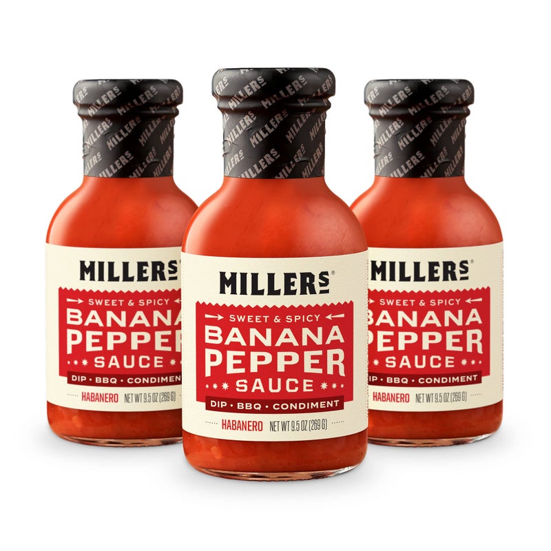 Millers Banana Pepper Habanero Hot Sauce Sweet Spicy Banana Pepper Sauce Best Use for Grilled Meats BBQ Rub Chicken Wing Sandwich 95 OZ Pack of 3